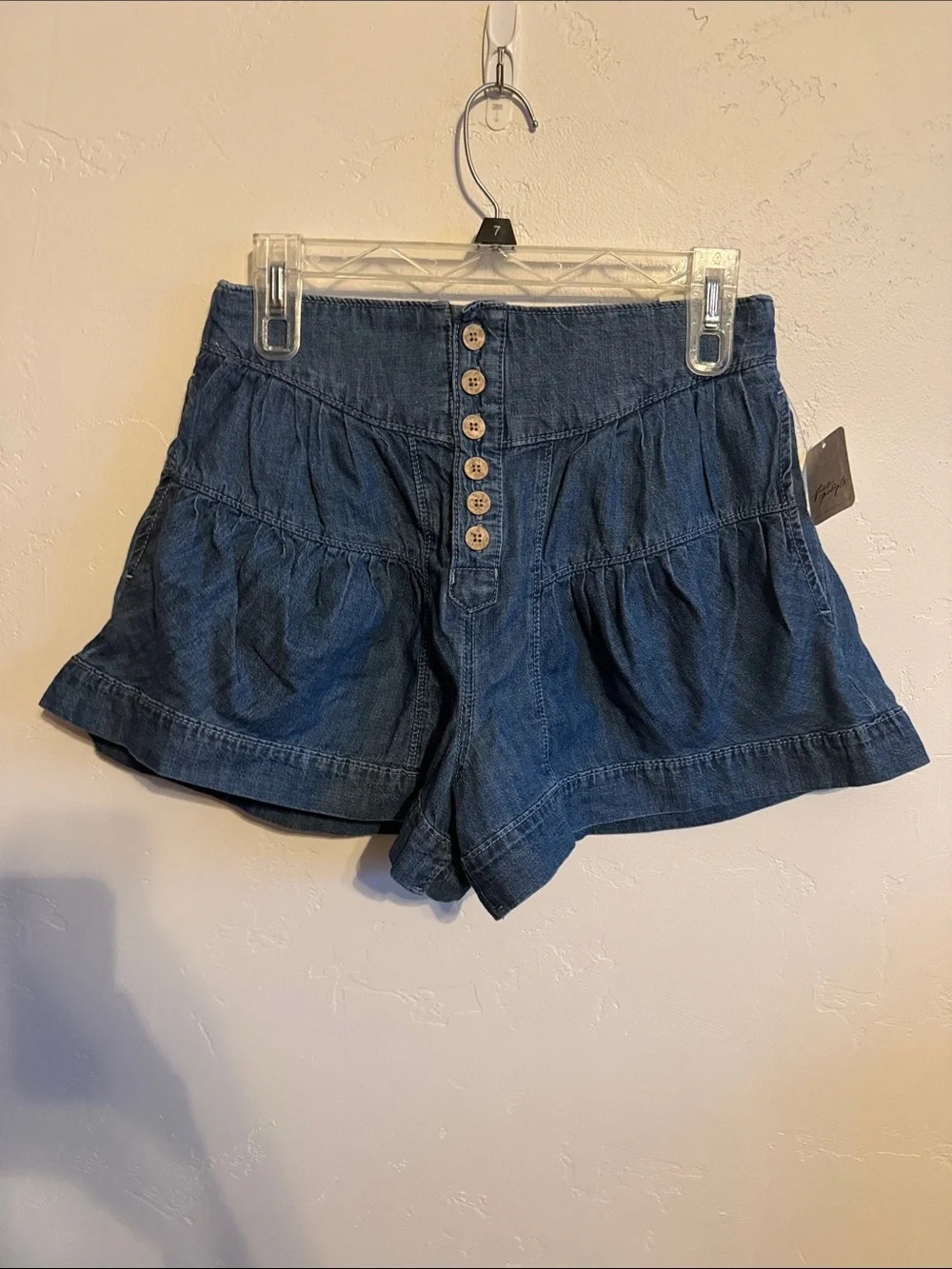 Free People Dark Blue Tiered Button-Front Denim Shorts
